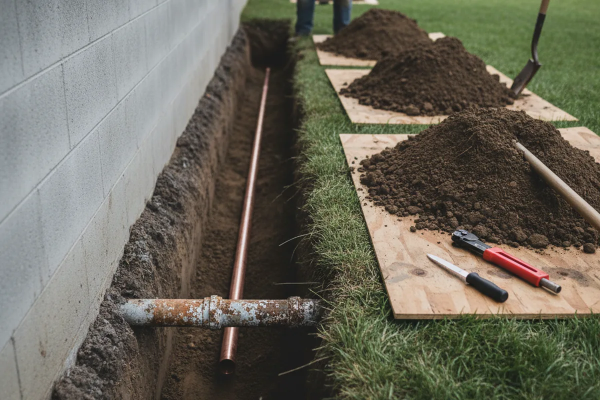 Excavated water line trench during Water Softener Installation in Moroni